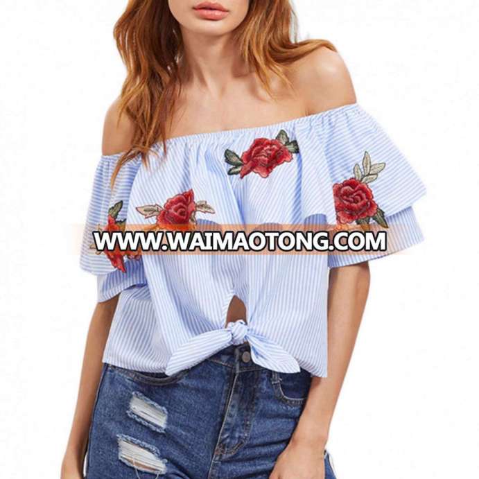 Fashion Women off Shoulder Ruffle Stripe Bandage T-Shirt Blouse