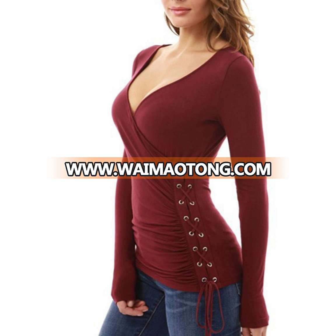 Fashion Women Sexy V-Neck Side Bandage T-Shirt Blouse