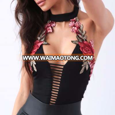 Fashion Women Sexy Embroidery Hollow Backless Jumpsuits Club Bodysuit Blouse