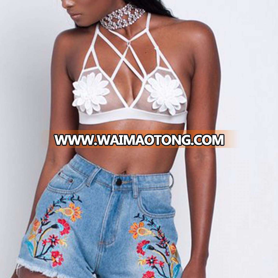 Fashion Women Sexy Embroidery Mesh Bra Blouse