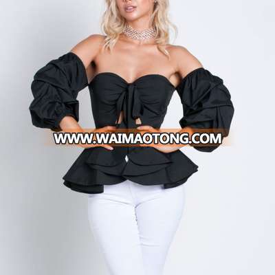 Fashion Women Sexy off Shoulder Puff Sleeve Pleated T-Shirt Blouse