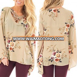 Fashion Women Leisure Casual Flower Printed Flare Sleeve Blouse