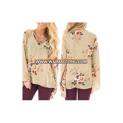 Fashion Women Leisure Casual Flower Printed Flare Sleeve Blouse