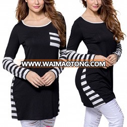 Fashion Women Leisure Casual Pocket Color Stripe Clothes Blouse