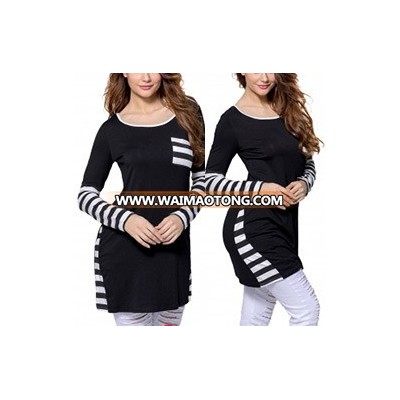 Fashion Women Leisure Casual Pocket Color Stripe Clothes Blouse