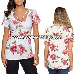 Fashion Women Leisure Casual Rose Flower Printed T-Shirt Clothes Blouse