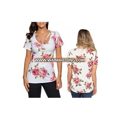 Fashion Women Leisure Casual Rose Flower Printed T-Shirt Clothes Blouse