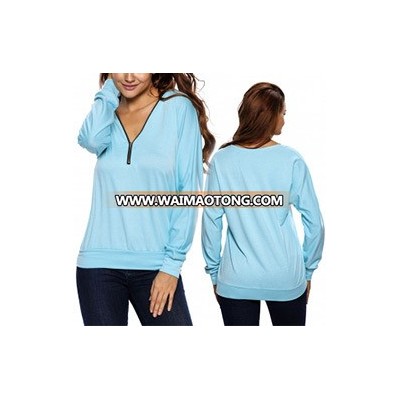 Fashion Women Leisure Casual Sportwear Zipper V-Neck Blouse