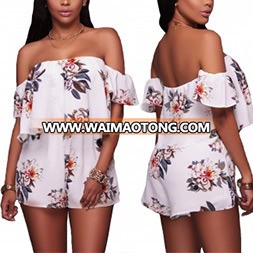 Fashion Women Leisure Chiffon Printed off Shoulder Jumpsuit Blouse