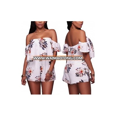 Fashion Women Leisure Chiffon Printed off Shoulder Jumpsuit Blouse