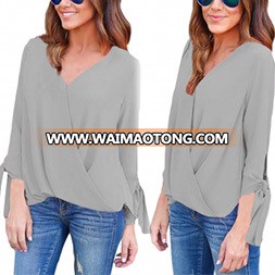 Fashion Women Leisure Casual V-Neck Sleeves Bandage Clothes Blouse