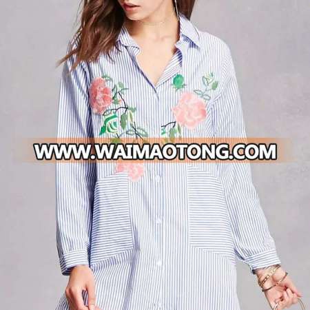 Top Product Ladies Shirt With Long Sleeve Design Vented Curved Hem Embroidered Floral Pinstripe Shirt Dress Blouse